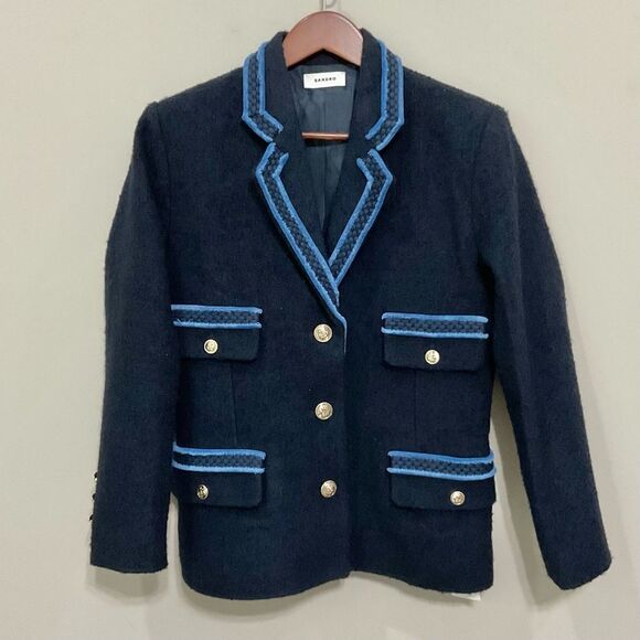 Sandro Noella Navy Tweed Blazer Sz 36 US Sz 4 Braid Trimmed Lined - Picture 3 of 13
